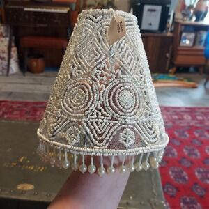 Vintage White Hand Beaded Lamp Shade with Faux Pearl Fringe Made in India 5 inch